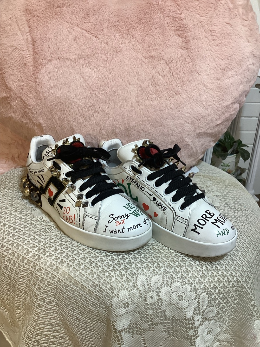 Dolce & Gabbana Portofino White Leather Graffiti Sneakers